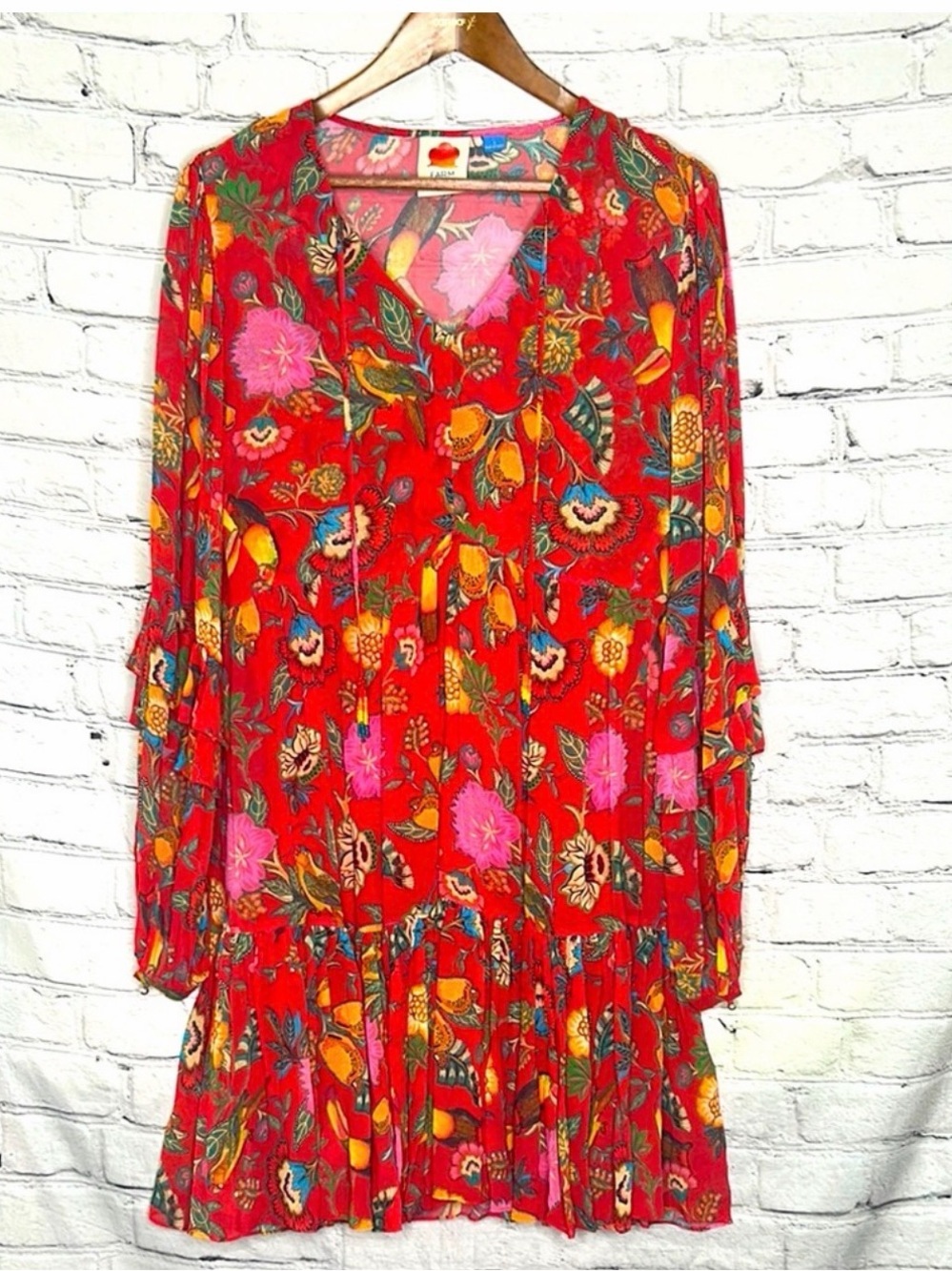 Farm Rio Anthropologie Red Toucan Floral Long Sleeve Jordyn Dress Size Large